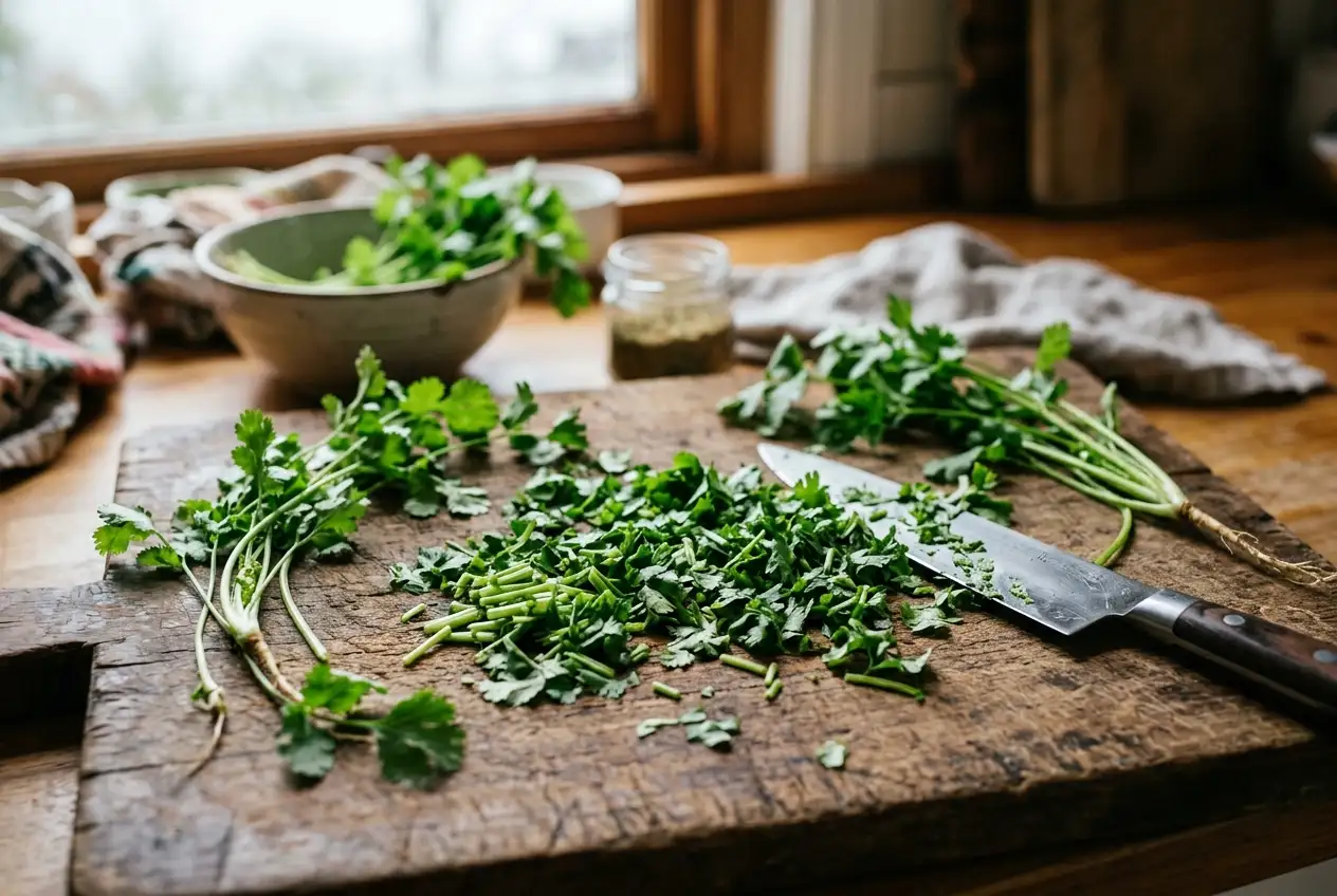 Frischer Koriander auf Holzschneidebrett