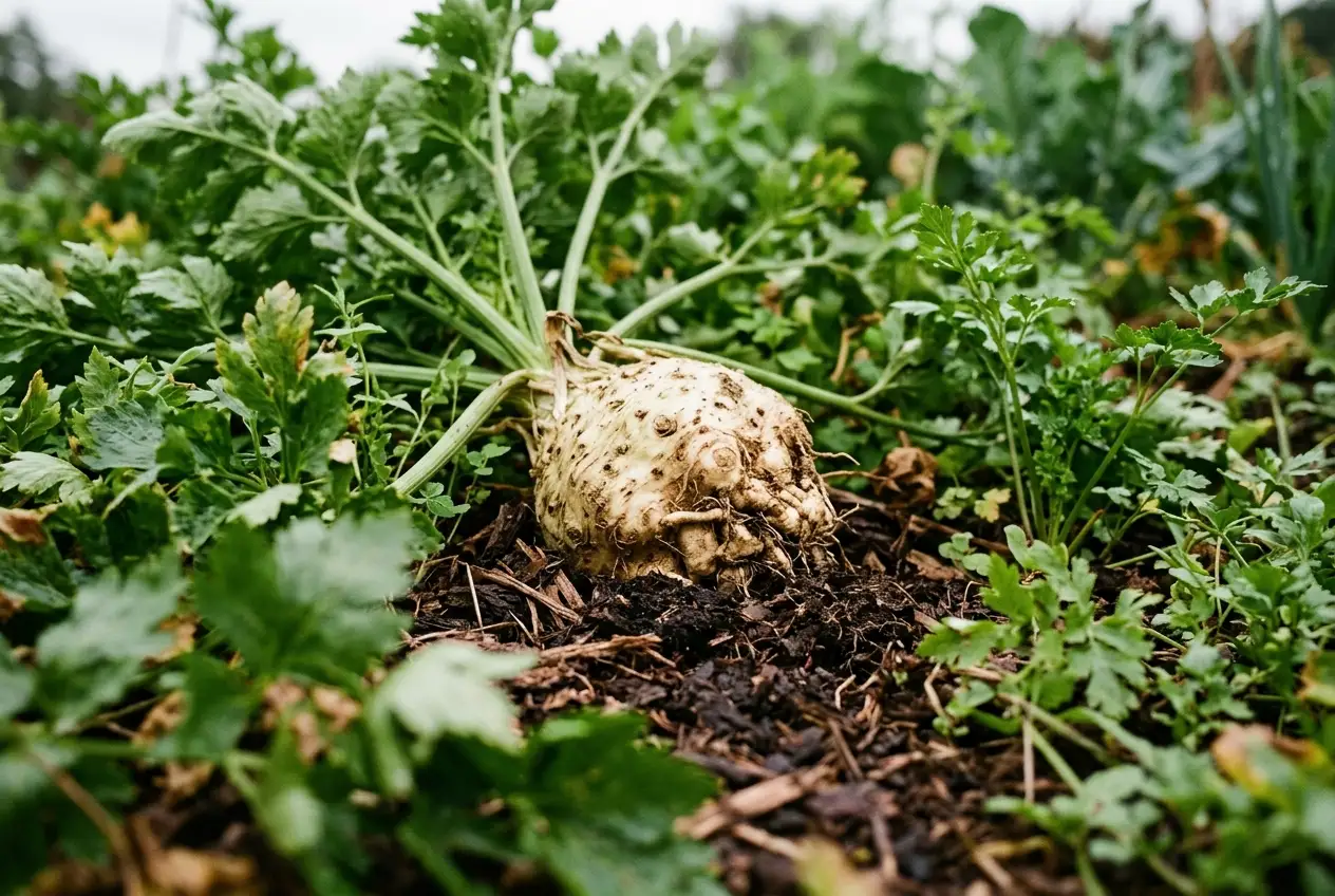 Eine kräftige, helle Sellerieknolle wächst gut sichtbar zwischen grünem Laub im Gartenbeet