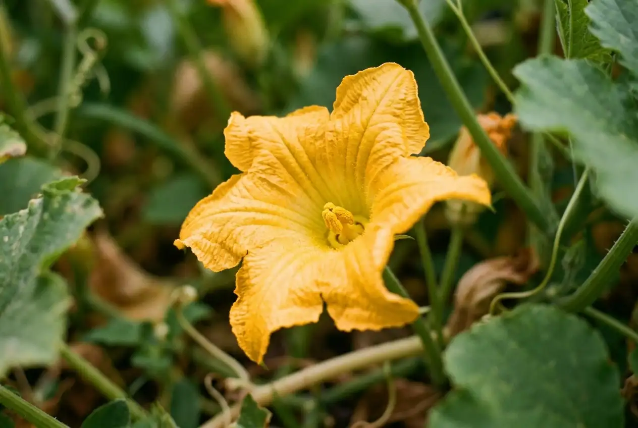 Leuchtend gelbe trichterförmige Kürbisblüte in Nahaufnahme mit sichtbaren Staubgefäßen und grünen Blättern im unscharfen Hintergrund