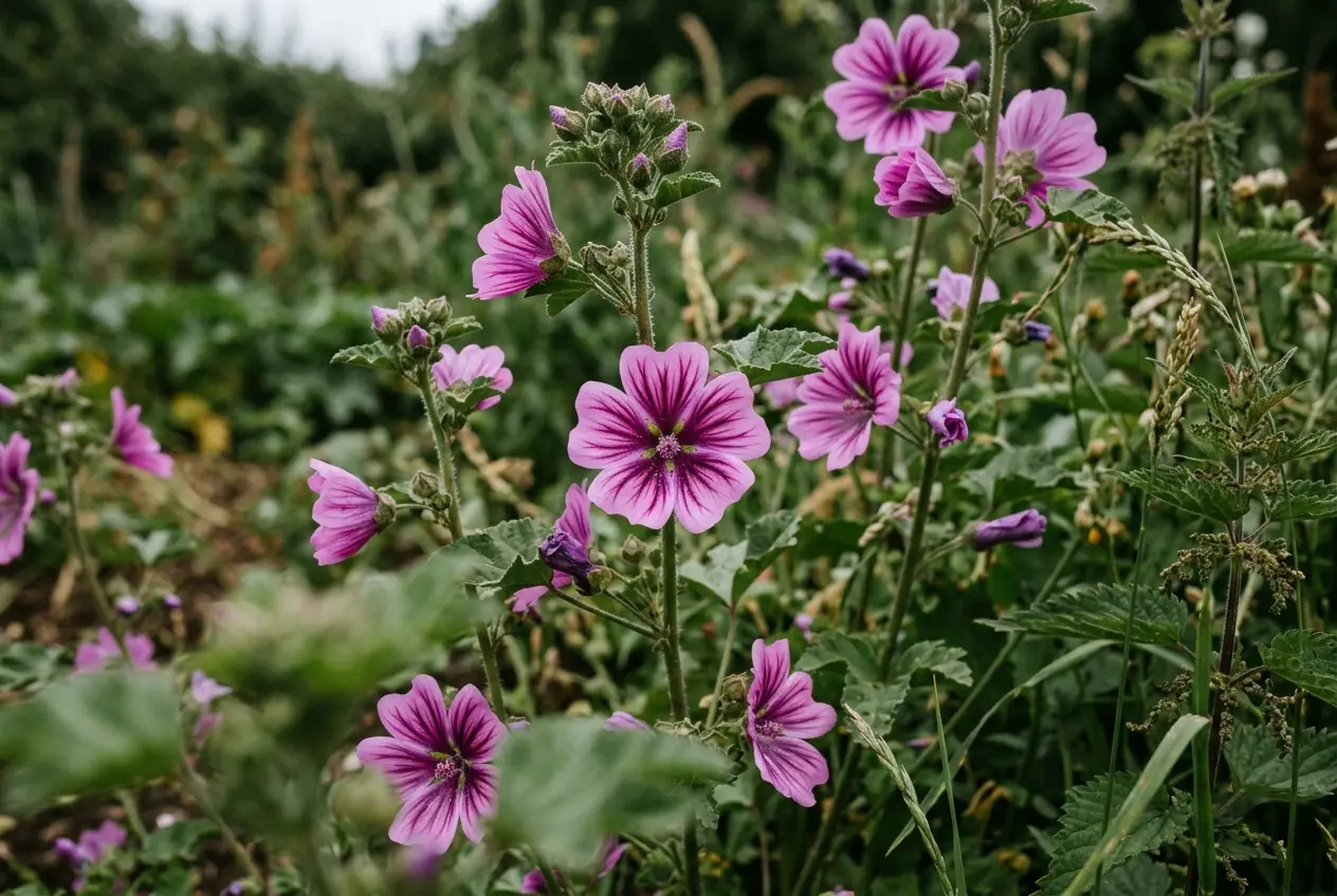 Violett-rosa Malvenblüten im Gartenbeet