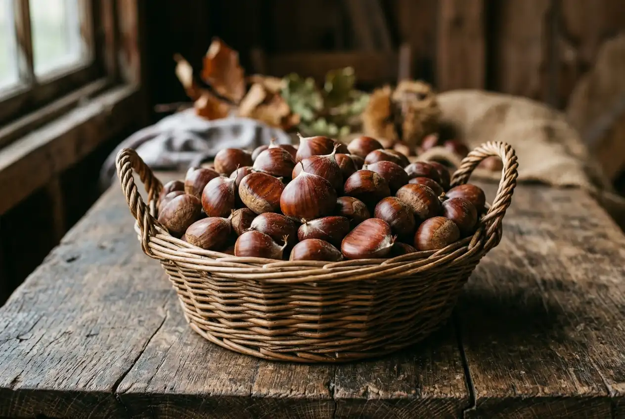 Ein rustikaler Weidenkorb gefüllt mit glänzend braunen Maronen auf einer verwitterten Holzoberfläche im Herbstlicht