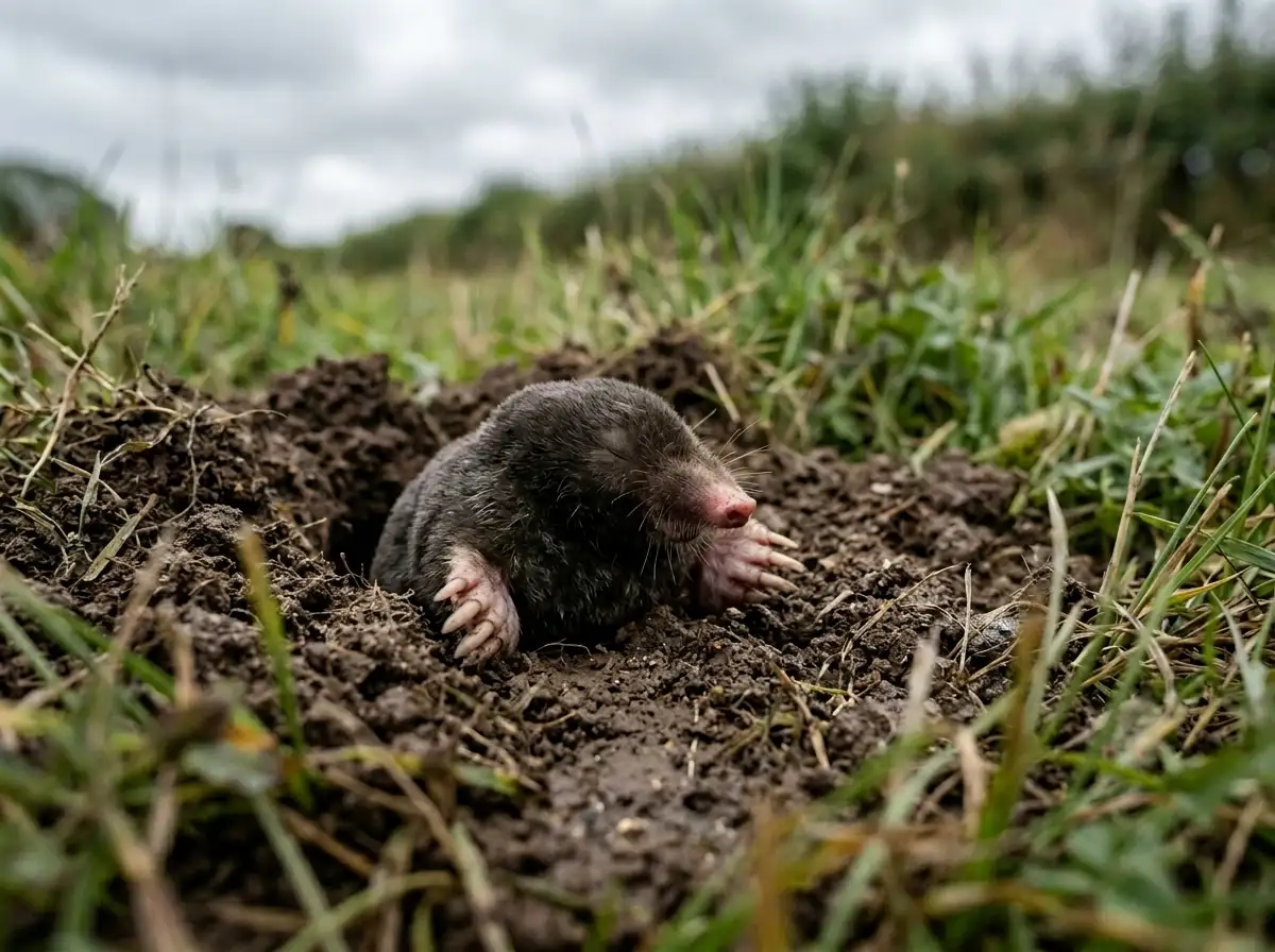 Maulwurf taucht mit sichtbaren Vorderpfoten aus einem frischen Erdhügel im Rasen auf
