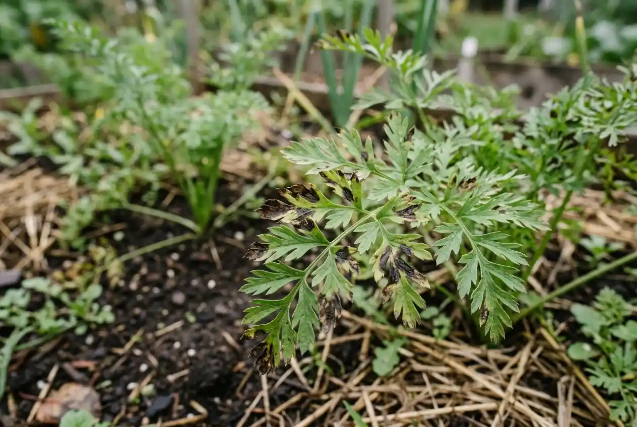 Möhrenlaub mit braunschwarzem Befall durch Alternaria dauci