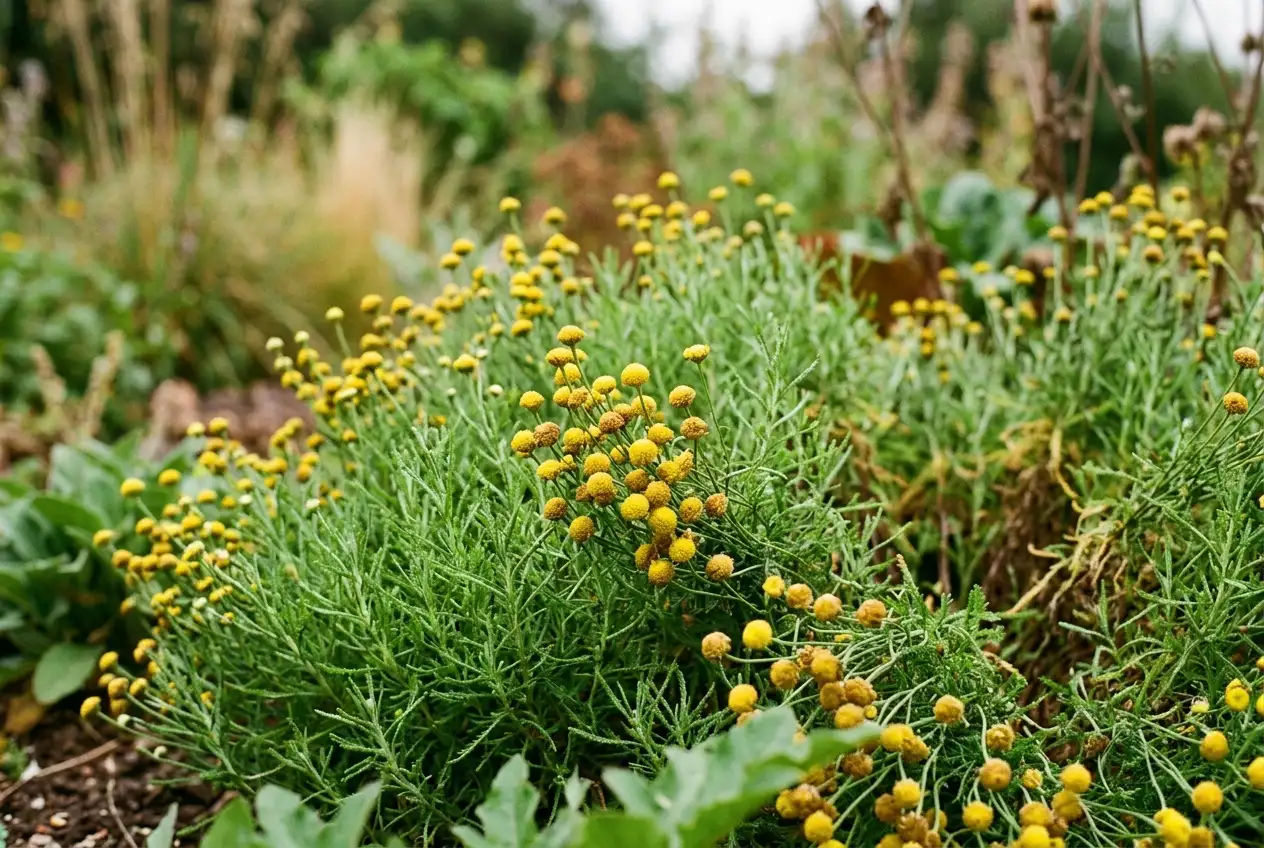 Olivenkraut-Pflanze mit dichten nadelförmigen grünen Blättern und kleinen gelben Knopfblüten in voller Blüte