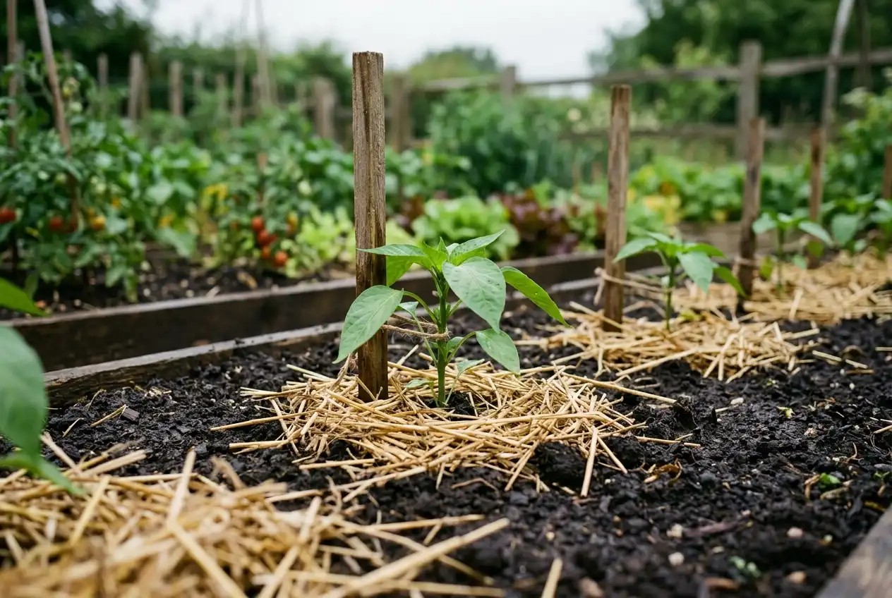 Junge Paprikapflanzen im sonnigen Gartenbeet mit Strohmulch um die Pflanzenbasis