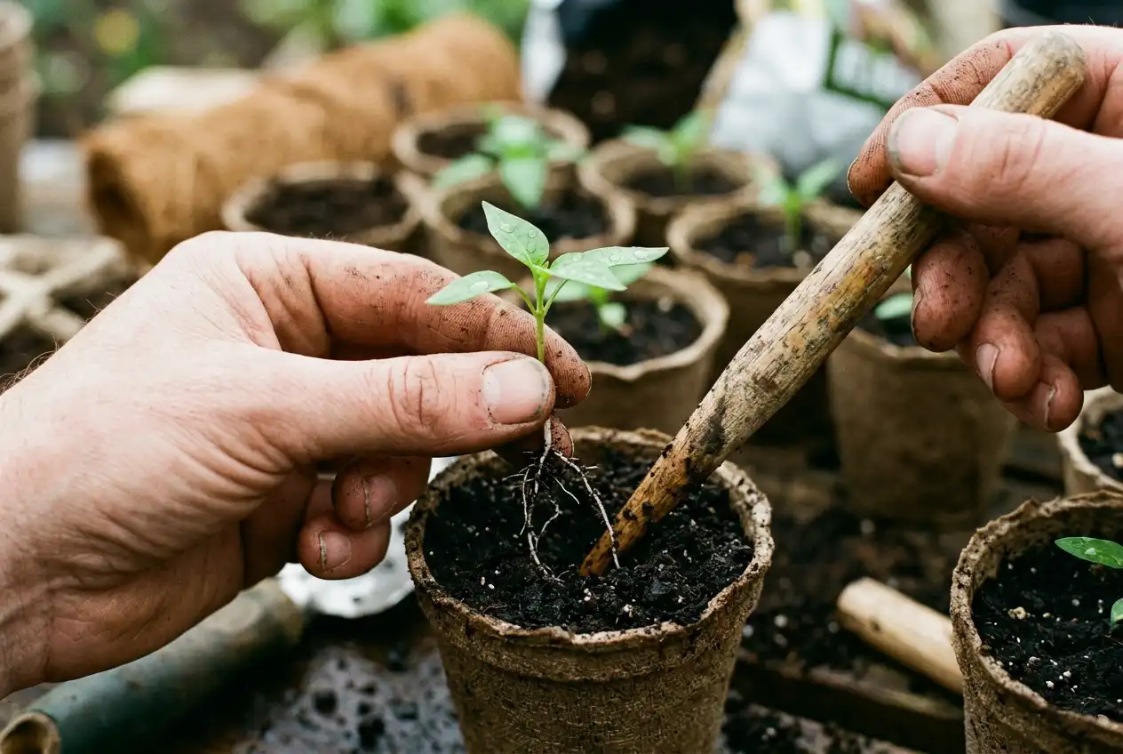 Nahaufnahme eines Paprika-Keimlings beim Pikieren mit Pikierstab und Anzuchterde