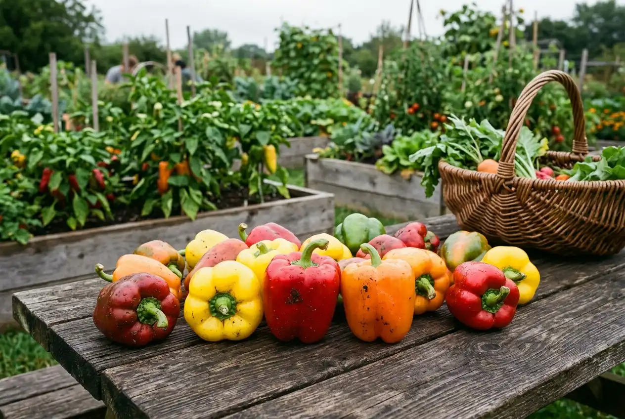 Frisch geerntete Paprika in Rot, Gelb und Orange auf einem Holztisch im Garten
