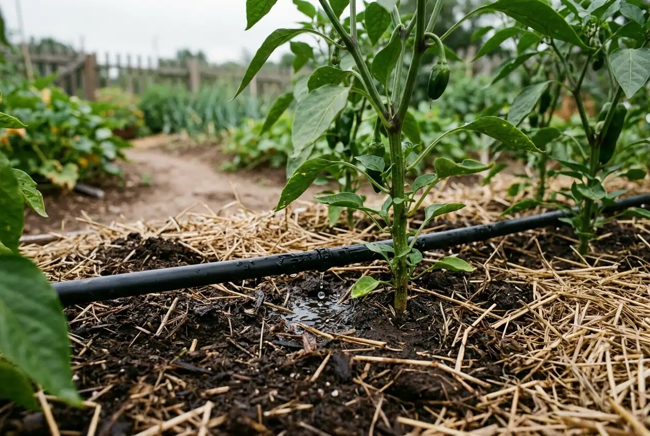 Tropfschlauch bewässert Paprikapflanzen, Wassertropfen sichtbar auf dunkler Erde mit Mulch