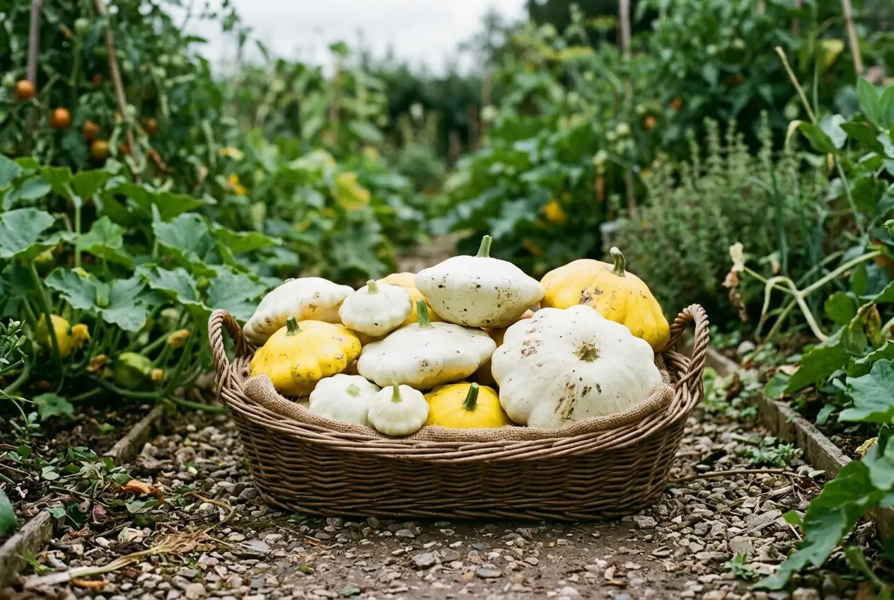 Frisch geerntete Patisson-Früchte in einem Weidekorb im Garten
