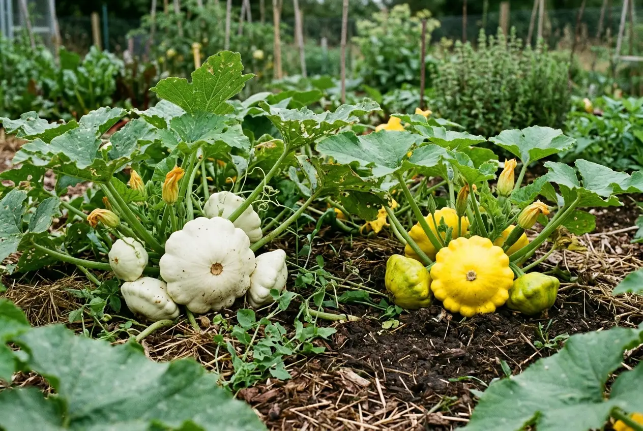 Weiße und gelbe Patisson-Sorten nebeneinander im Gemüsebeet