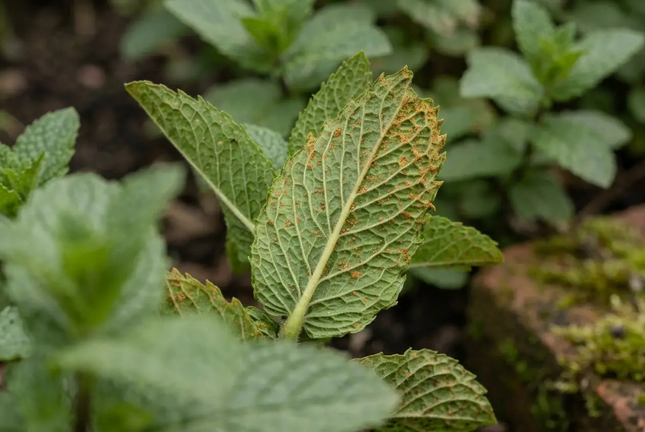 Nahaufnahme eines Pfefferminzblattes mit orange-braunen Rostpusteln auf der Blattunterseite und gelblichen Flecken oben