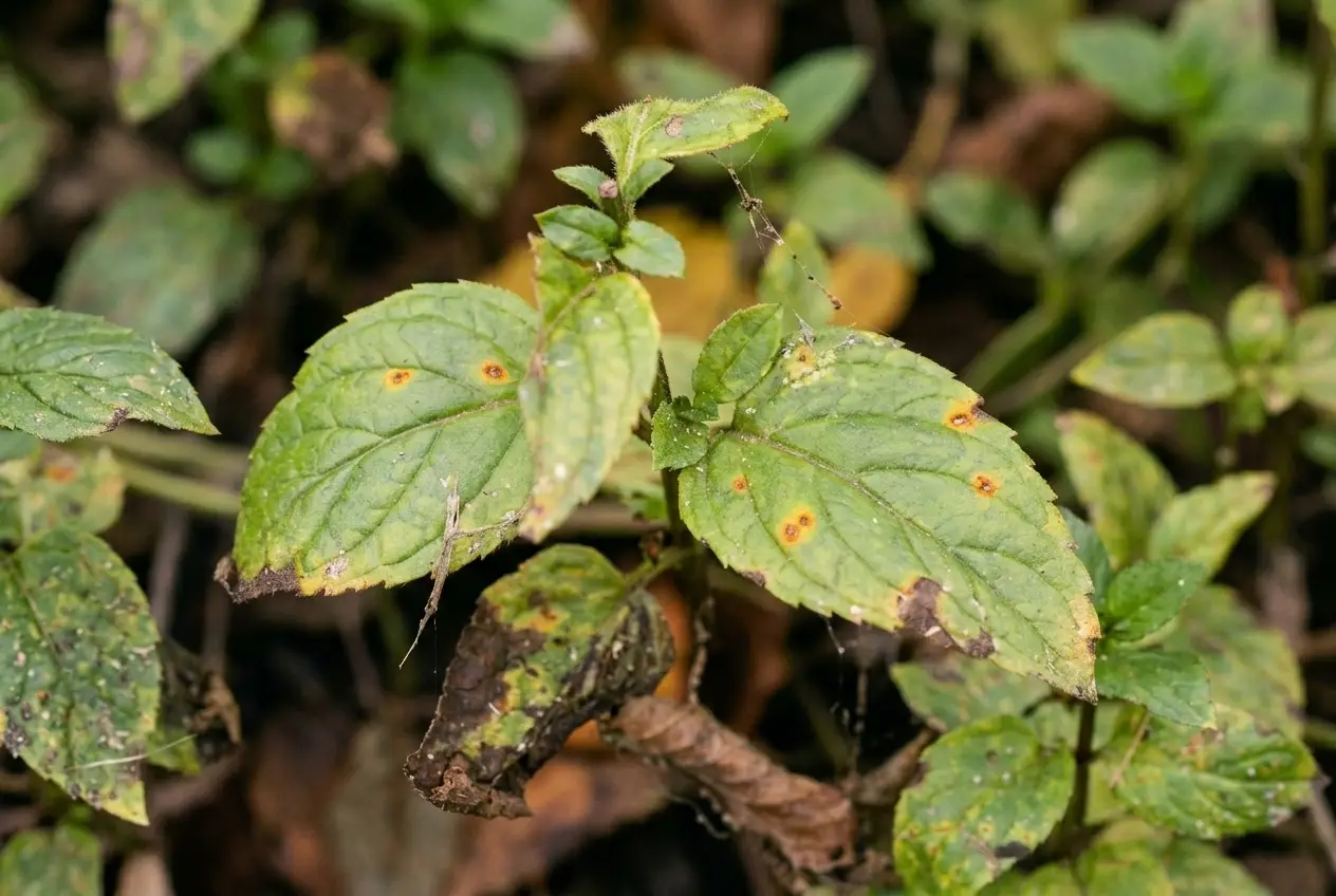 Detailaufnahme eines Pfefferminzstängels mit violetten Schwellungen und aufgeplatzten Sporenpusteln der Aecien-Phase