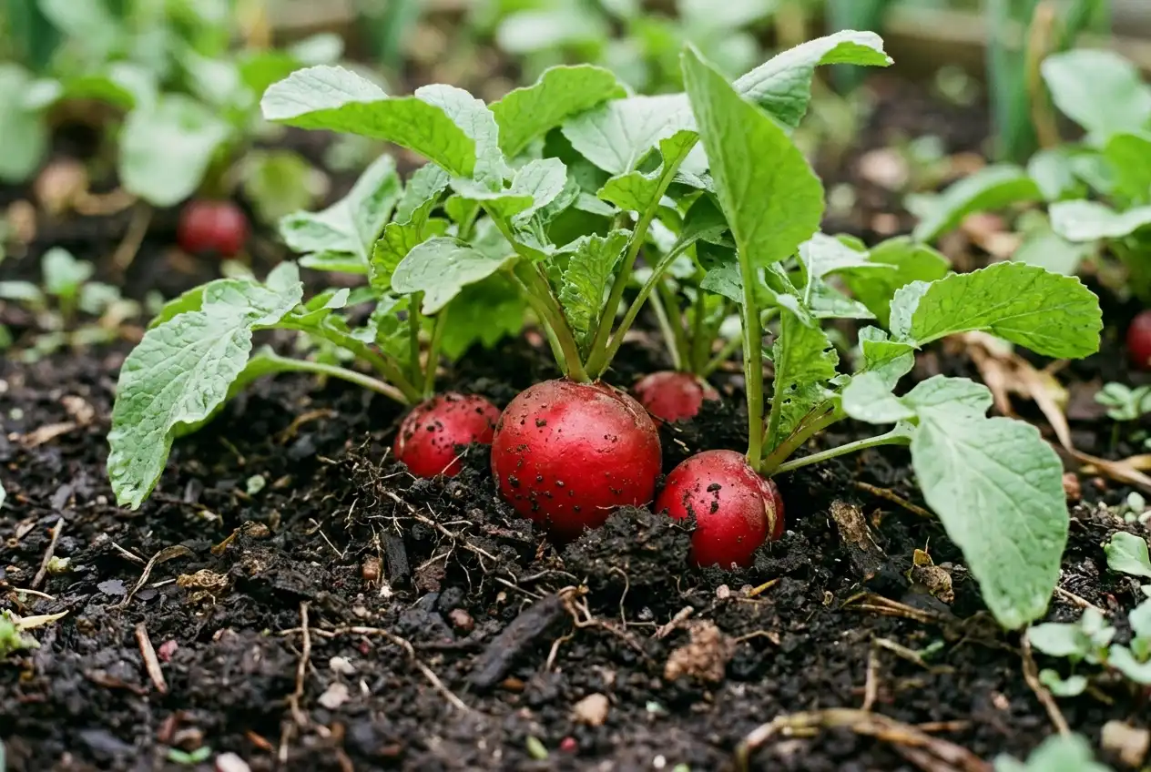 Leuchtend rote Radieschen-Knollen ragen aus dunklem Gartenboden, umgeben von sattgrünem Laub, erntereif mit 2-3 cm Durchmesser