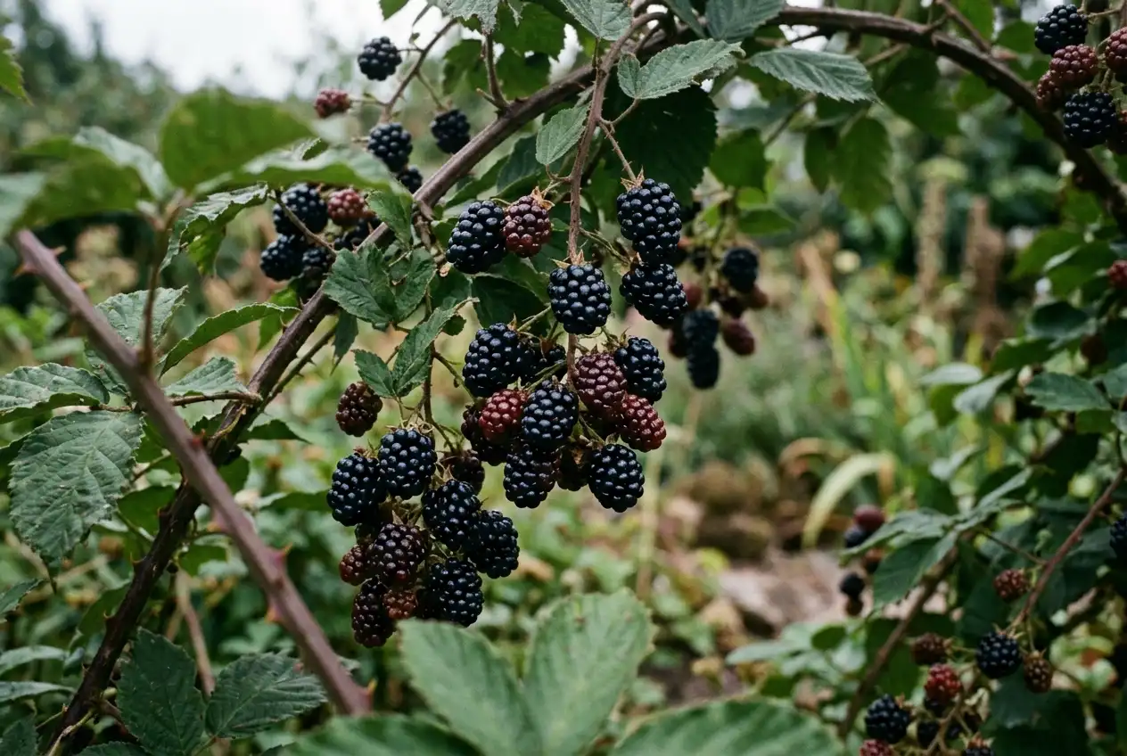 Nahaufnahme von reifen, blauschwarz glänzenden Brombeeren in einem Traubenansatz an einem Brombeerstrauch im Garten