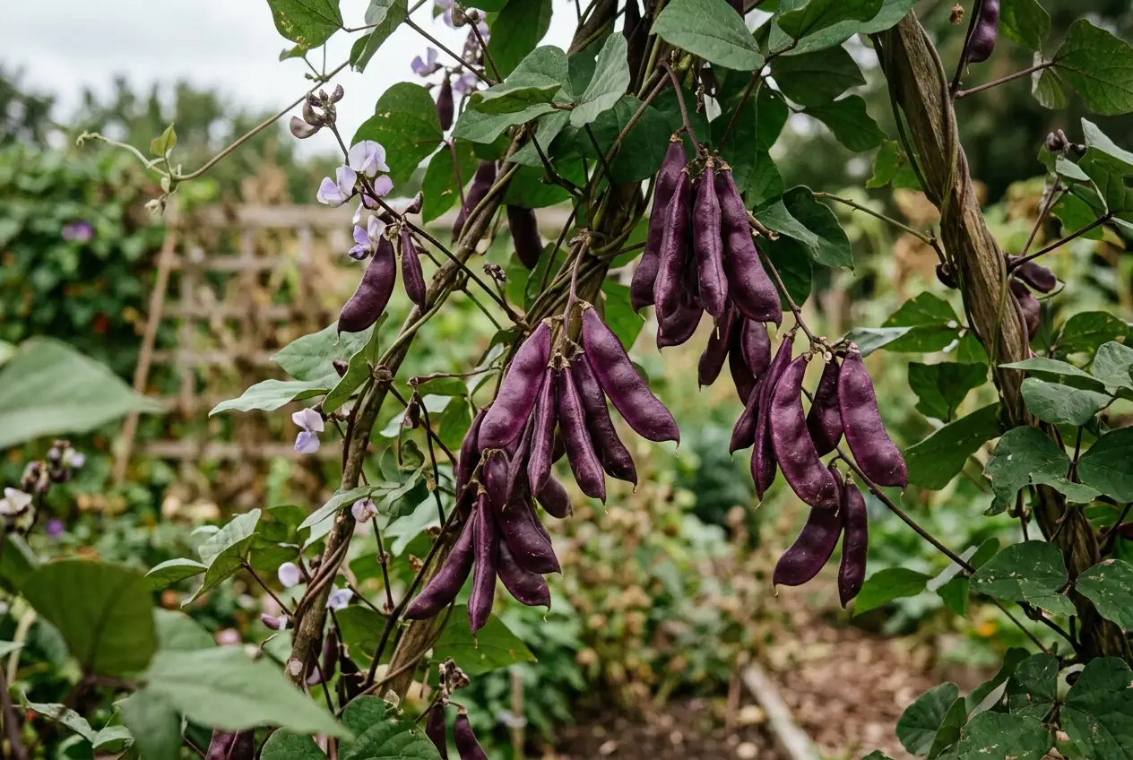 Mehrere reife purpurfarbene Helmbohnenhülsen hängen an einer grünen Ranke kurz vor der Ernte