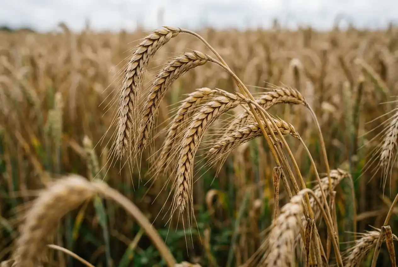 Reife goldgelbe Weizenähren, die sich nach unten krümmen und zur Ernte bereit sind, im Sommer