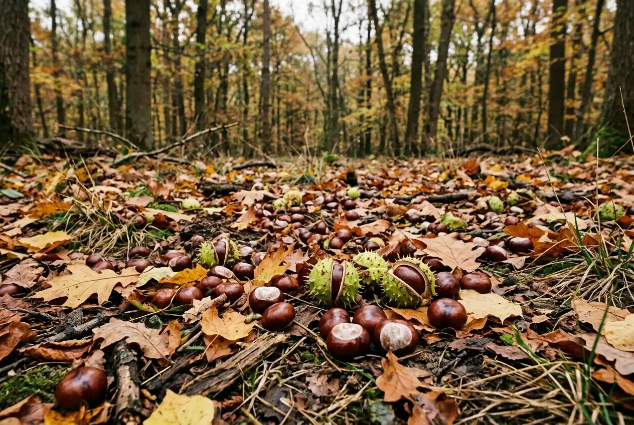 Frisch gefallene glänzend braune Rosskastanienfrüchte auf herbstlichem Waldboden zwischen Blättern