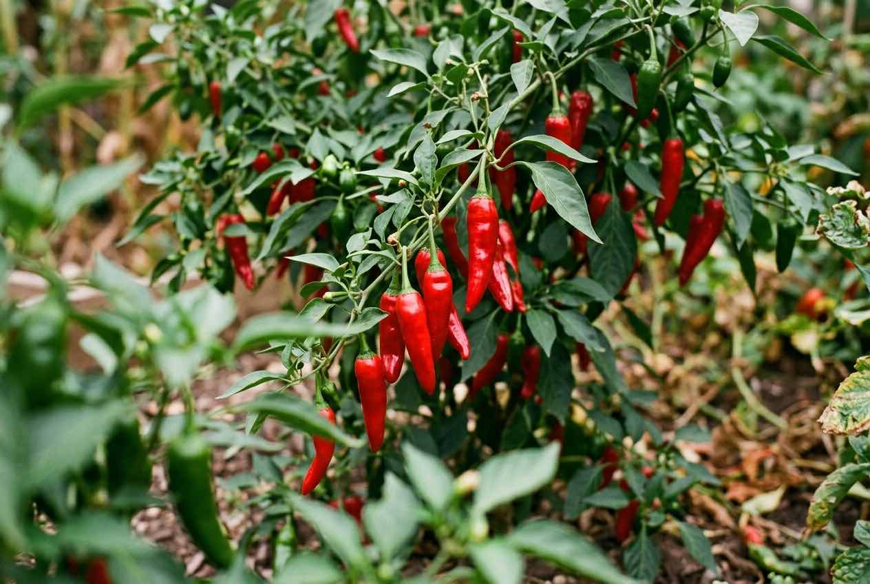 Leuchtend rote Chilis hängen reif an der Pflanze