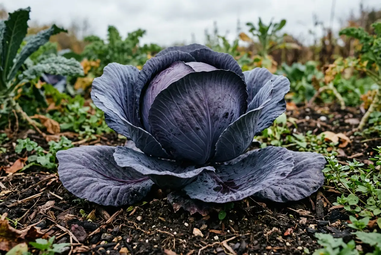 Praller Rotkohl-Kopf im Gartenbeet zur Erntezeit