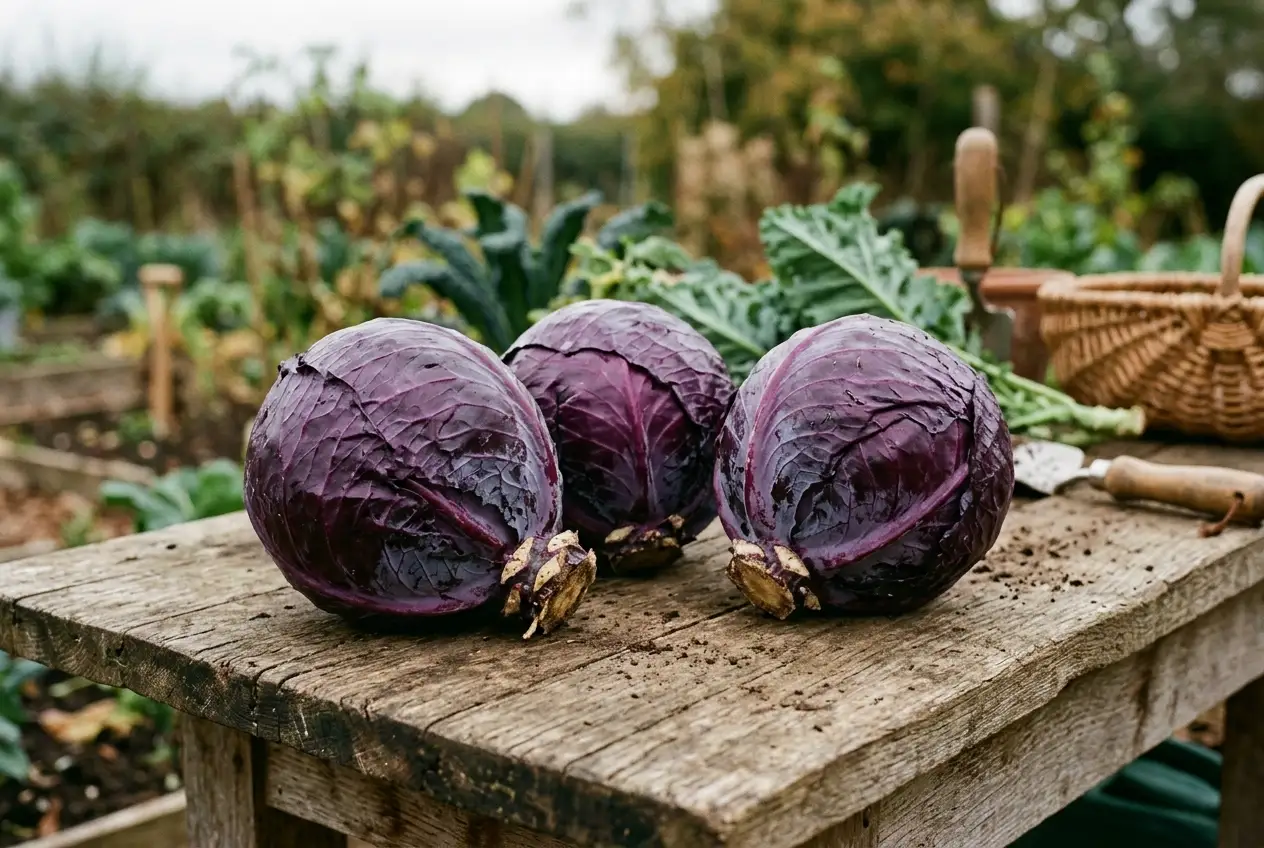 Frisch geerntete Rotkohl-Köpfe bereit zur Lagerung