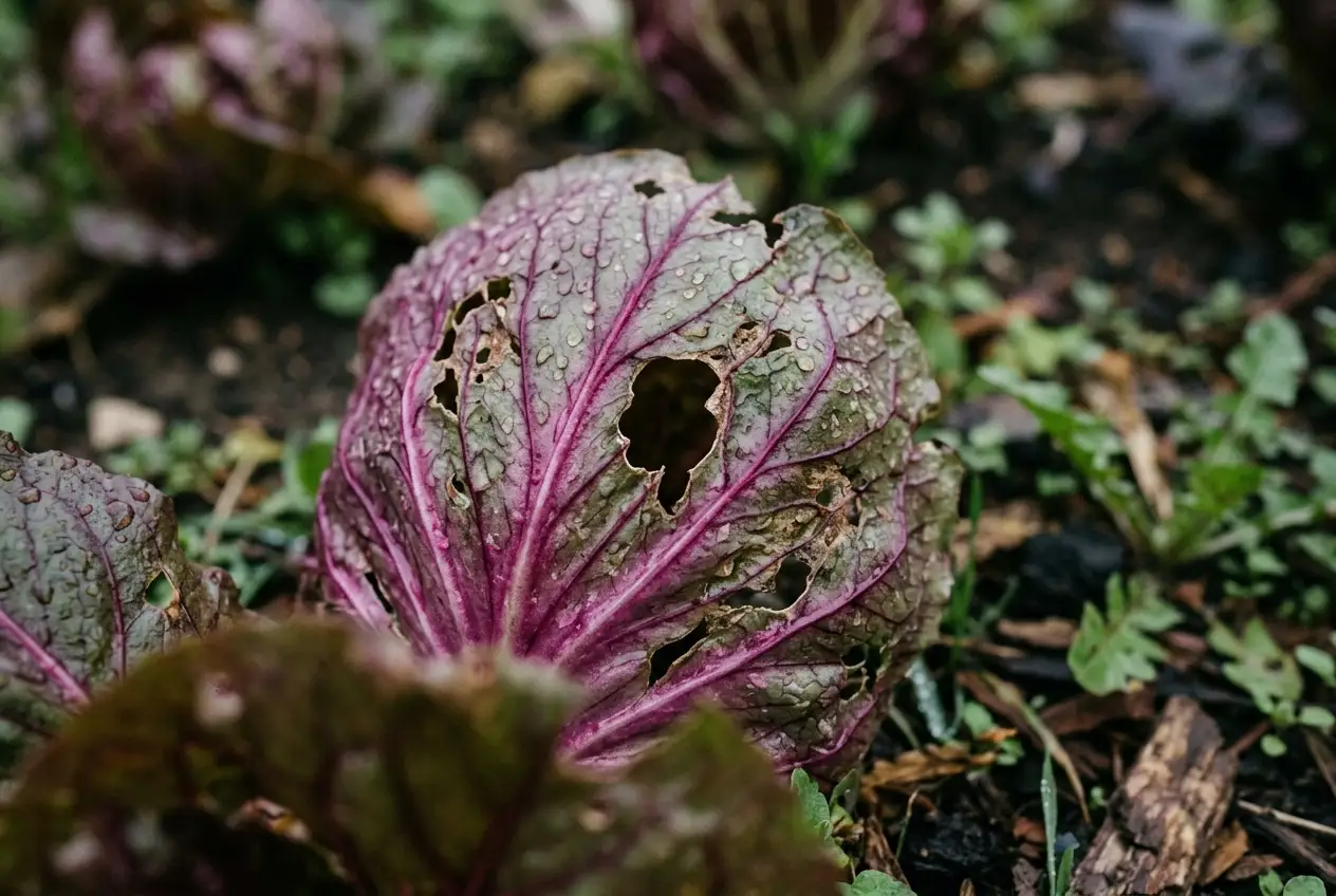 Fraßspuren einer Nacktschnecke an einem Radicchio-Blatt