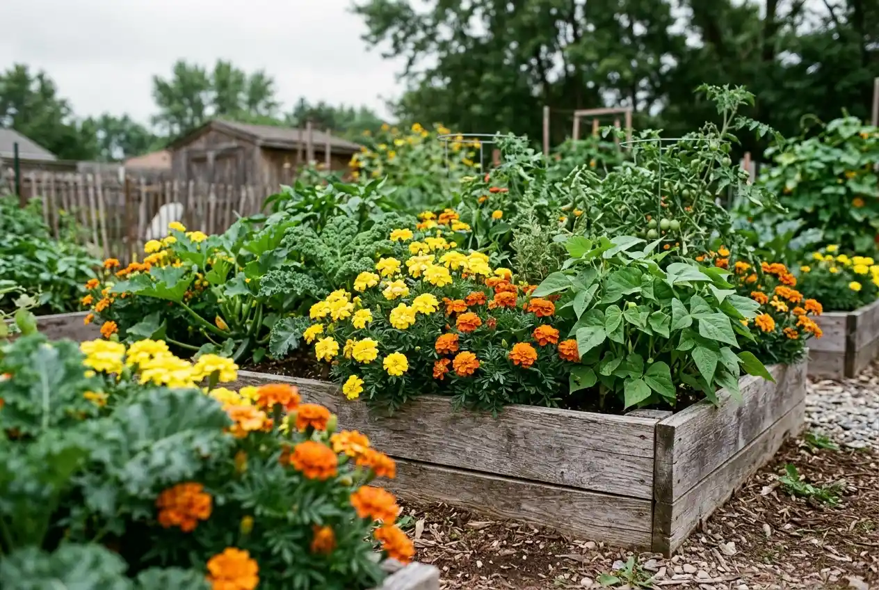 Tagetes und Ringelblumen zwischen Gemüse im Hochbeet für Nützlinge