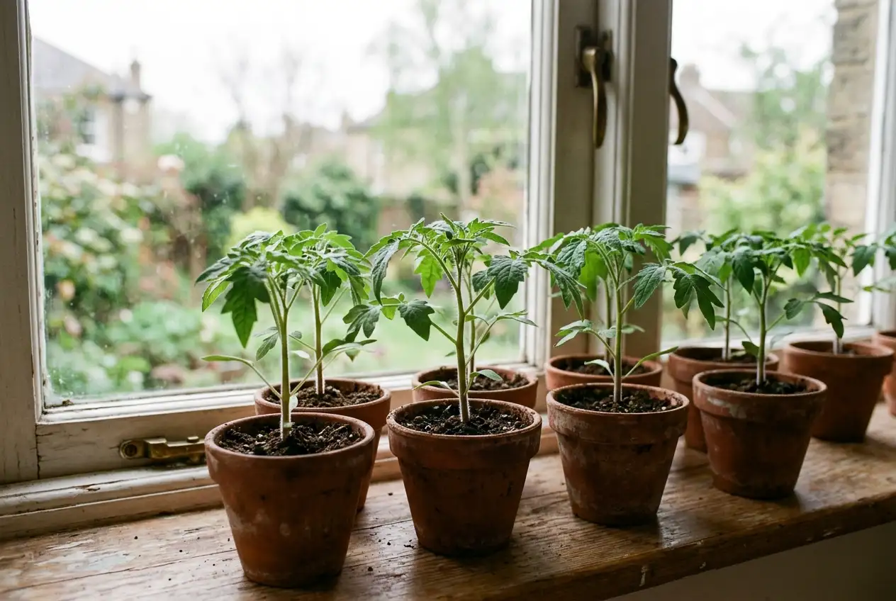 Kräftige Tomaten-Jungpflanzen in kleinen Töpfen auf einer sonnigen Fensterbank