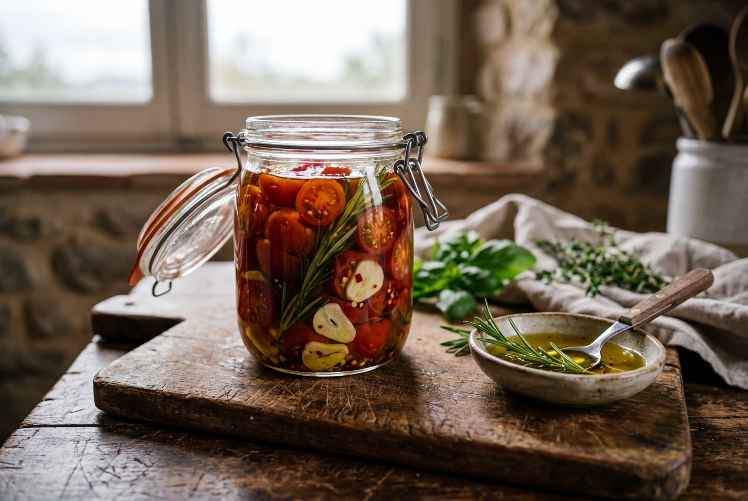 Ein geöffnetes Einmachglas mit in Olivenöl eingelegten Tomaten, Rosmarinzweigen und Knoblauchscheiben auf einem Holzbrett