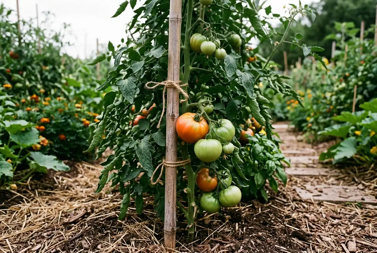 Hochgewachsene Fleischtomate aufgebunden an einem Bambusstock mit grünen und rötlichen Früchten