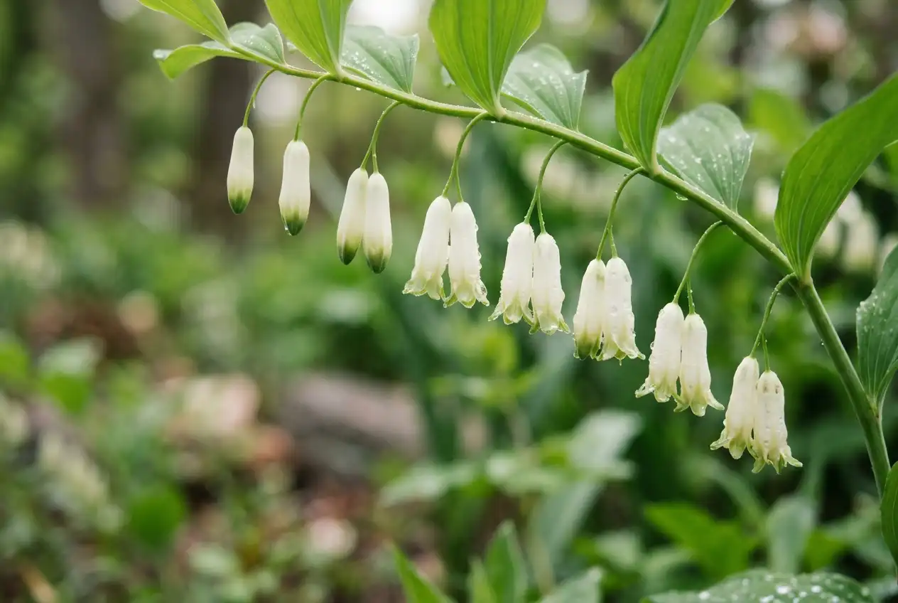 Nahaufnahme der hängenden weißen Glockenblüten des Salomonssiegels