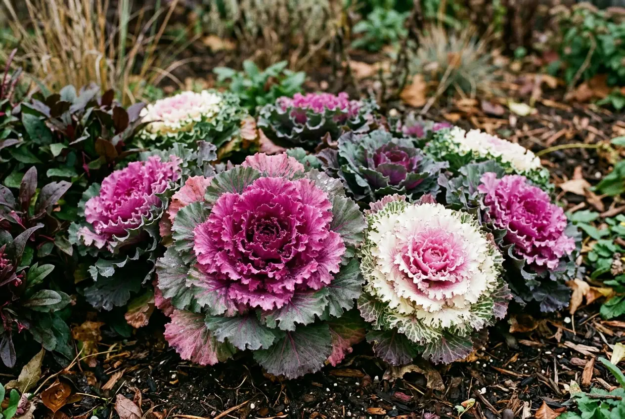 Mehrere Zierkohl-Rosetten in leuchtendem Rosa, Weiß und Purpur in einem herbstlichen Gartenbeet