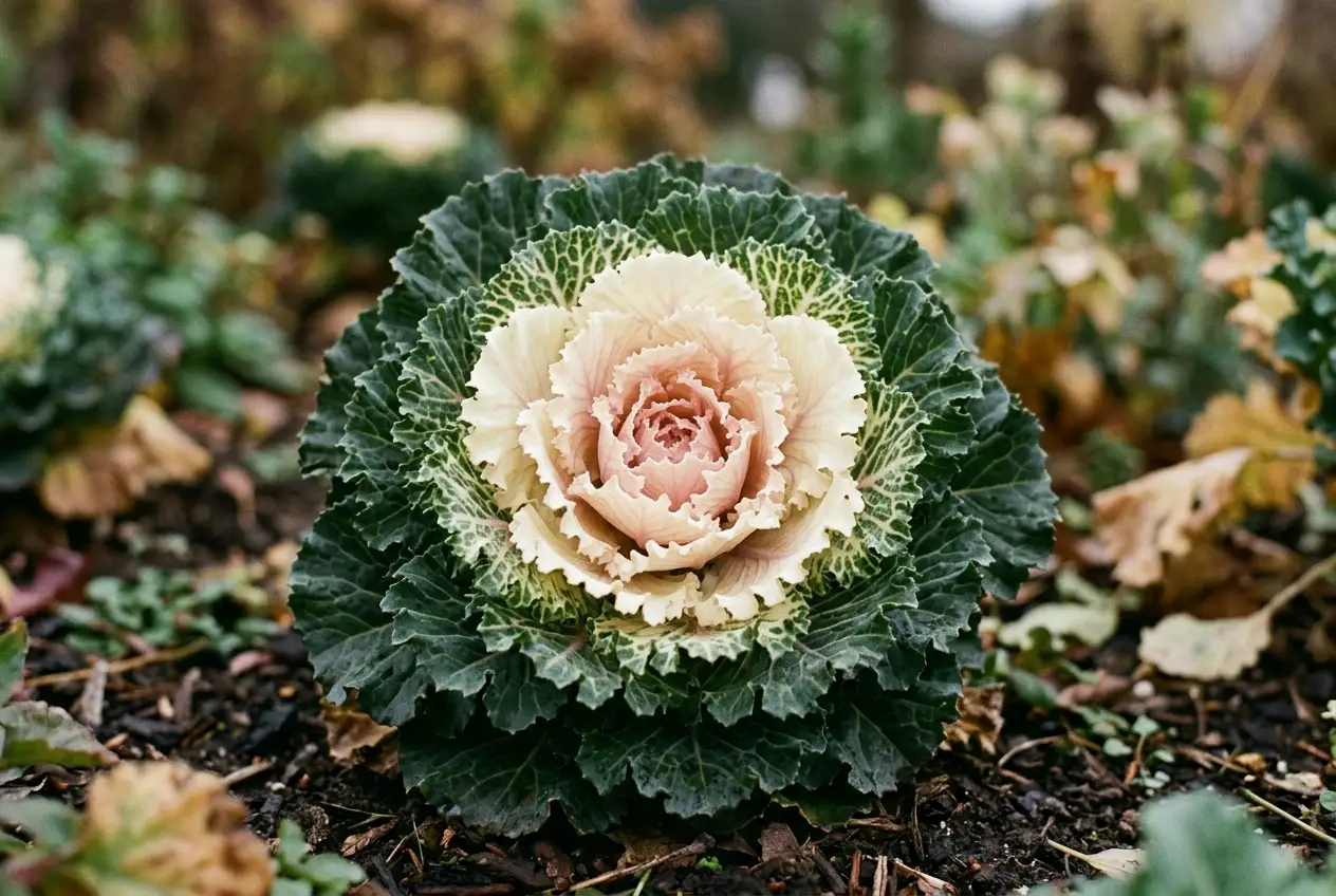 Nahaufnahme einer cremefarbenen Zierkohl-Rosette mit zartrosa Herzblättern, umgeben von dunkelgrünen Außenblättern
