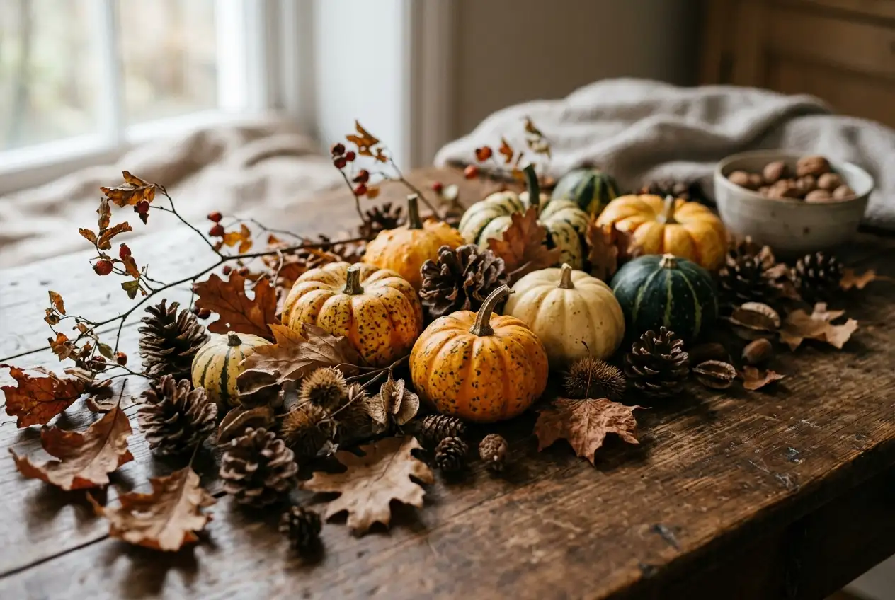 Rustikale Herbst-Tischdekoration mit kleinen bunten Zierkürbissen, trockenen Eichenblättern und Zapfen auf einem Holztisch