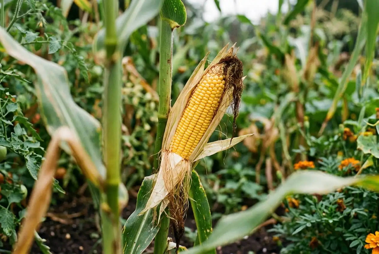 Reifer Zuckermaiskolben mit goldgelben Körnern hängt am grünen Stängel im Gartenbeet